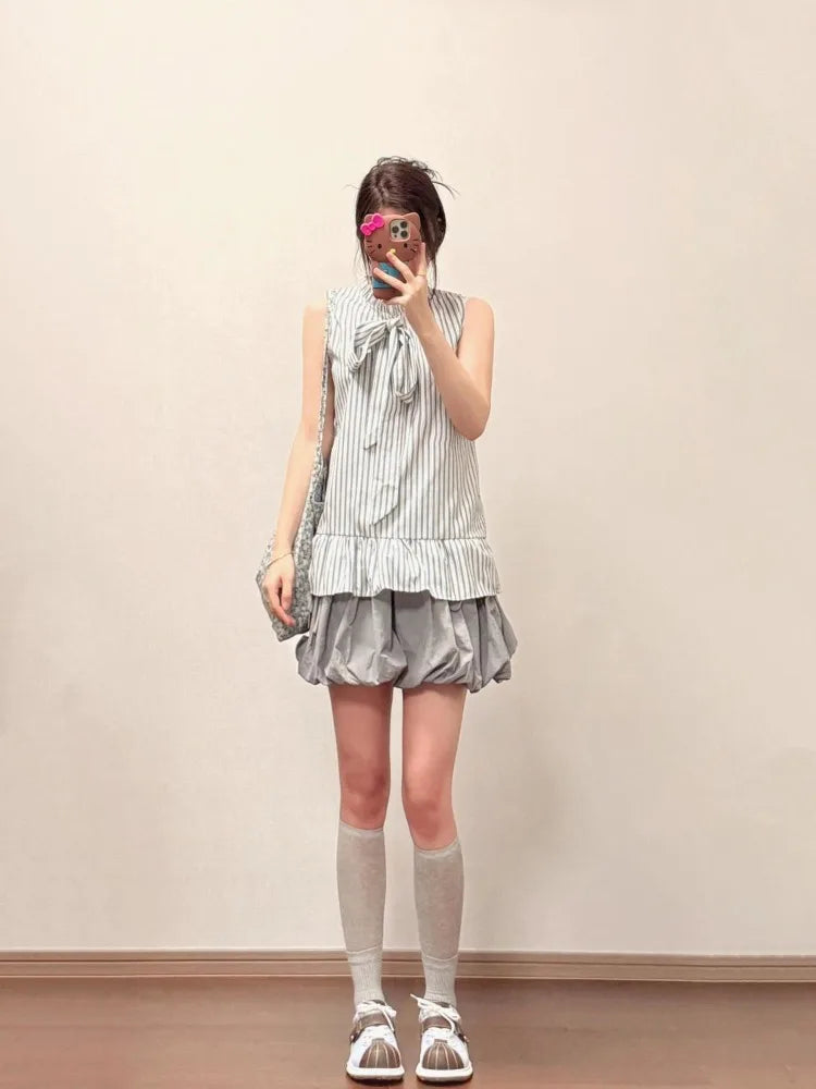 Lunivop  Summer New Elegant Striped Halter Sleeveless Shirts Women+ Y2k Fashion High Waist Floral Bud Skirts Two Piece Sets