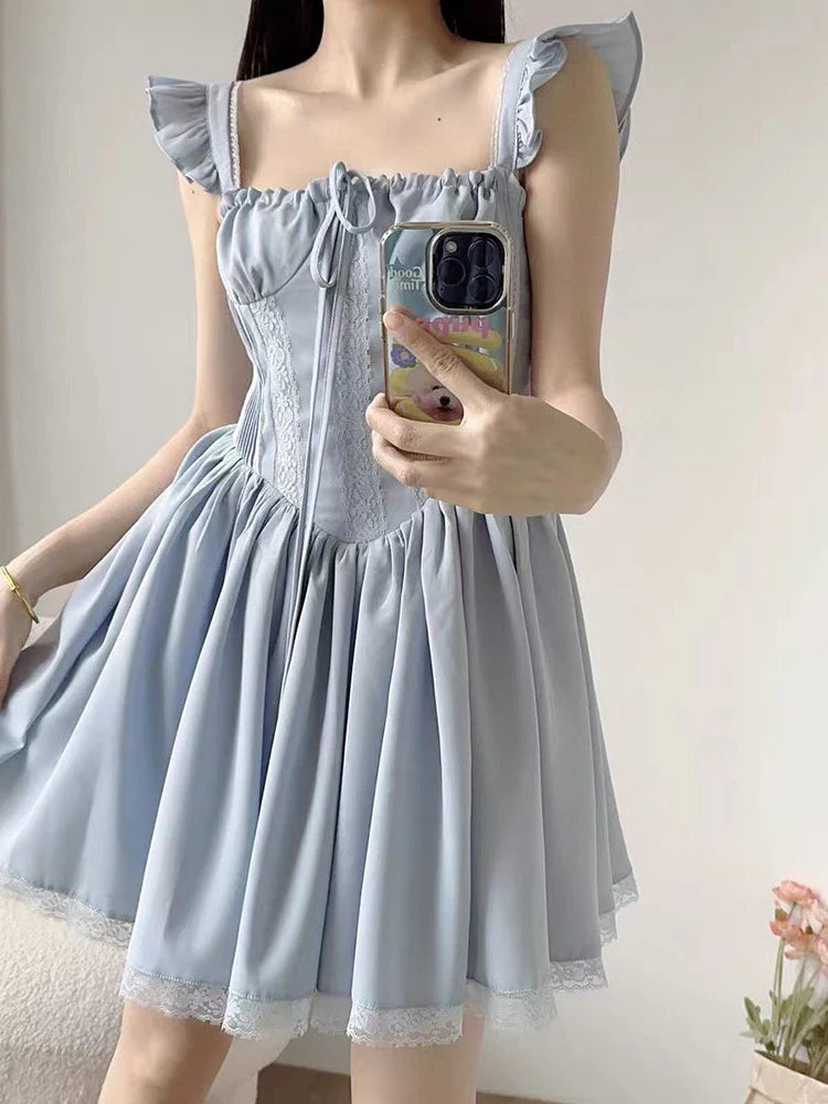 Lunivop  Sweet French Blue Dress Women Elegant Lace Patchwork Retro Sexy Mini Dress Casual Square Collar Flying Sleeve Vestidos New