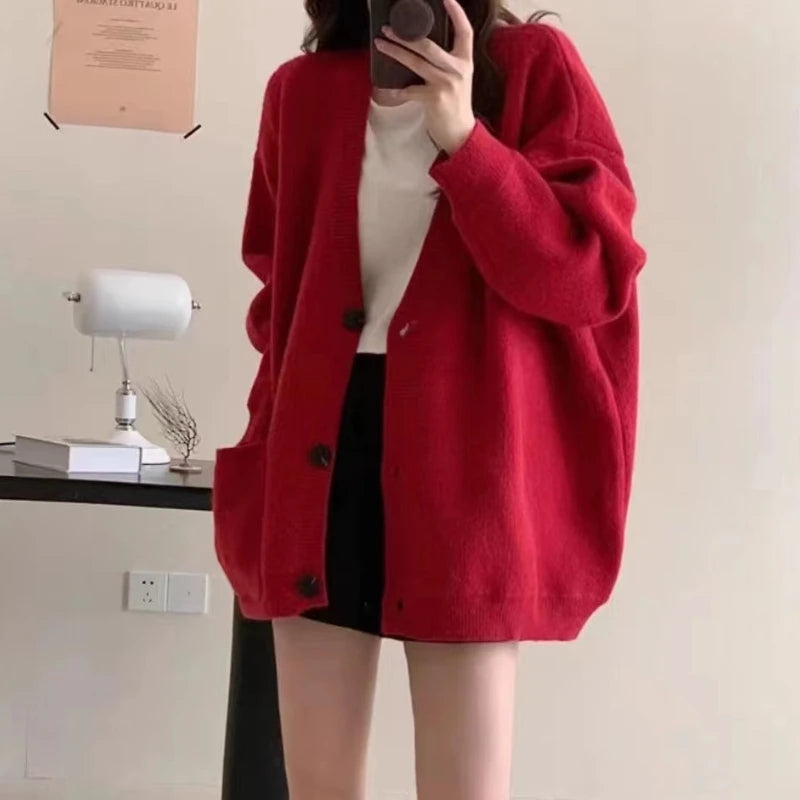 Lunivop Slouchy Knit Cardigan Sweater for Women Long Sleeve V-neck Comfy Button Up Sweater Jacket Female Autumn Winter Casual Outfit