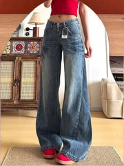 Lunivop  Retro American Washed Jeans Women's Korean Style Low Waist Wide Leg Trousers Drapey Loose Floor-Length Pants Streetwear Trousers