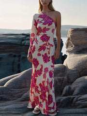 Lunivop  Floral Print Satin One-Shoulder Mermaid Maxi Dress Long Sleeve Ruched Waist Spring Summer Elegant Women Chic Retro Vestido