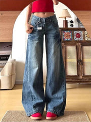Lunivop  Retro American Washed Jeans Women's Korean Style Low Waist Wide Leg Trousers Drapey Loose Floor-Length Pants Streetwear Trousers