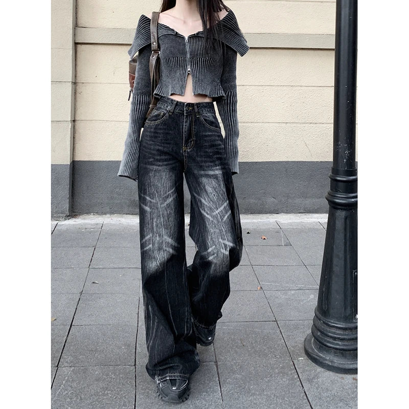 Lunivop Black High Waist Women Jeans Chic Design American Fashion Vintage Streetwear Wide Leg Jean Female Trouser NEW Baggy Denim Pants