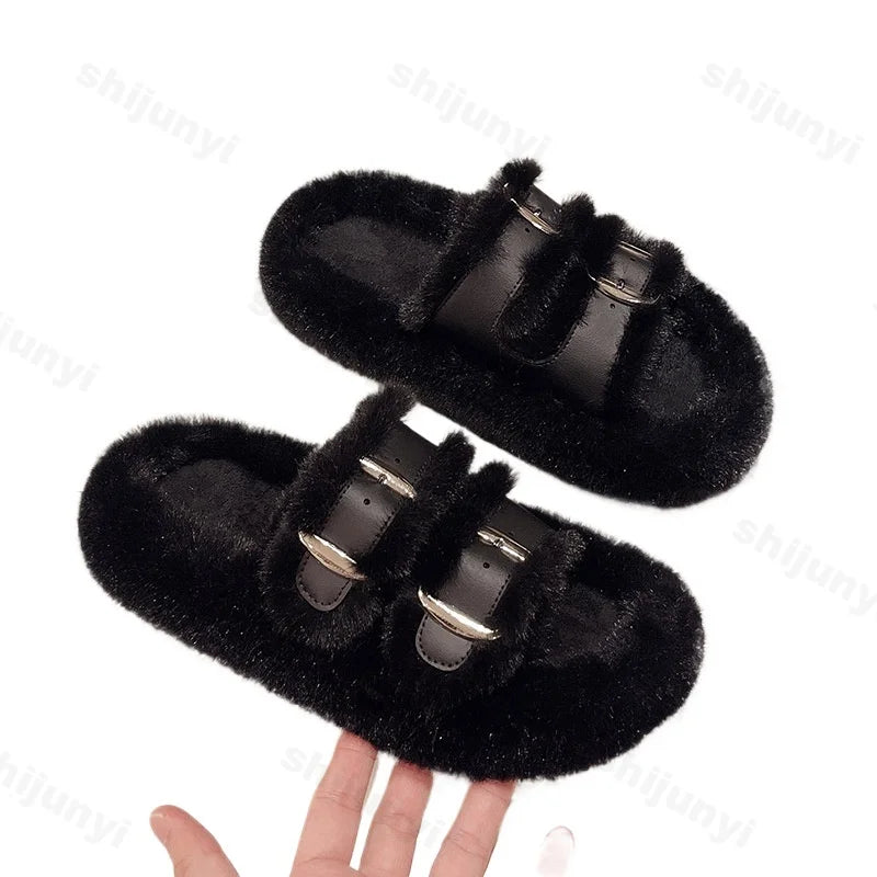 Lunivop New Cotton Shoes Winter Women's Slippers Comfort Short Plush Flats Fashion Buckle Platform Slippers Casual Female Shoes