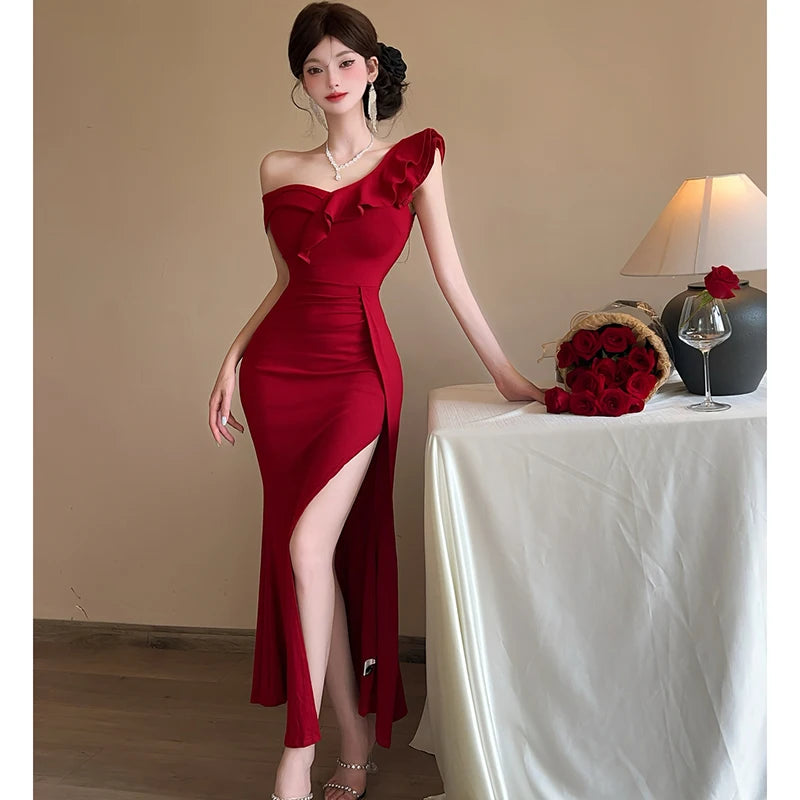 Lunivop  Women Red Off Shoulder Ruffled Sexy Slong Long Dress Summer Elegant Luxury Slit Dress Korean Vintage Festival Evening Dress