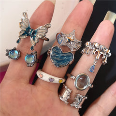 Lunivop Kpop Punk Vintage Irregular Geometry Crystal Heart Star Butterfly Rings For Women Girls Y2k Aesthetic Grunge Jewelry Accessories