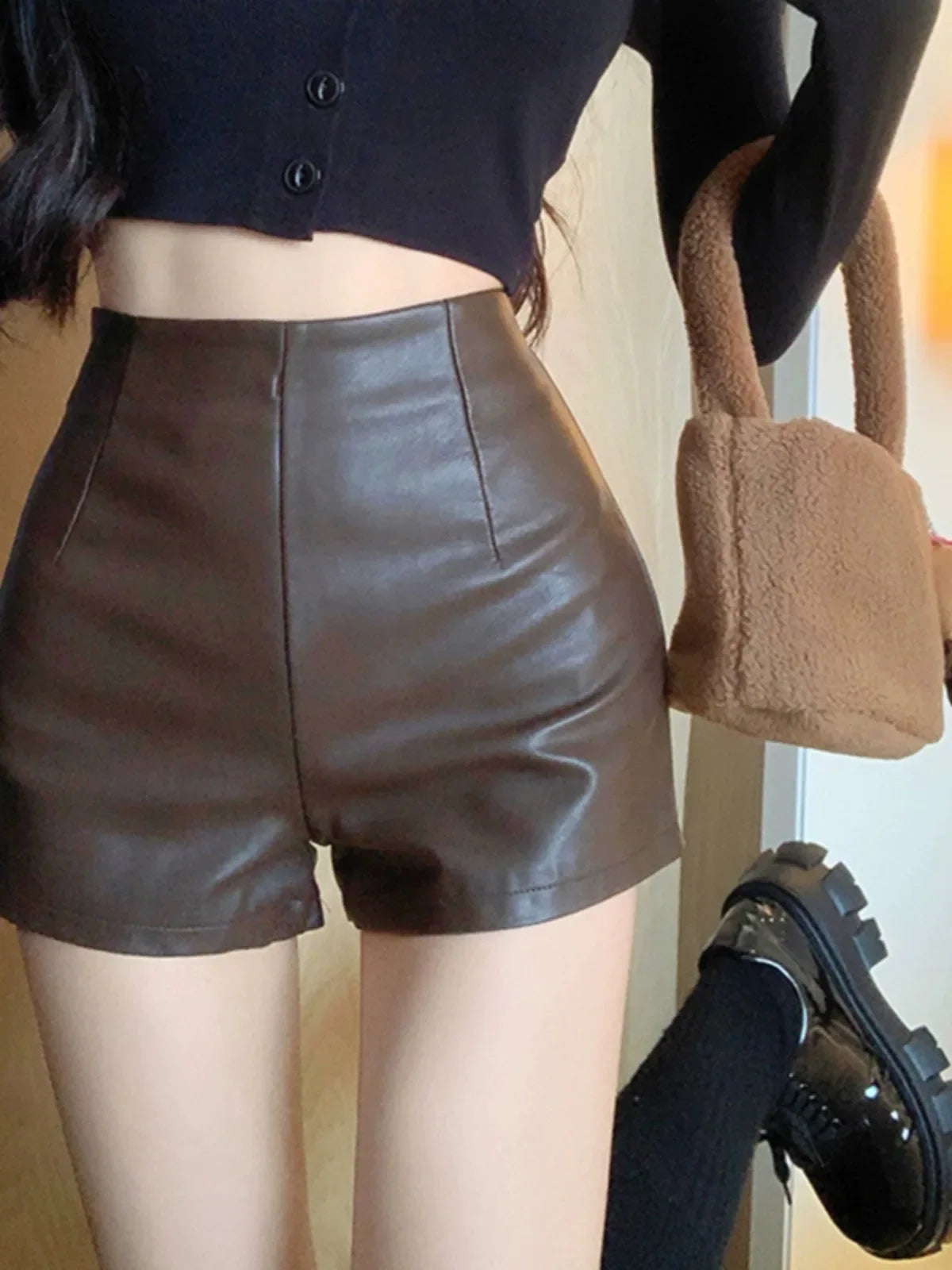Lunivop Women's New Autumn Black Leather Shorts High-waisted Slimming Tight A- line Casual Pants For Smooth Slimmed Silhouette
