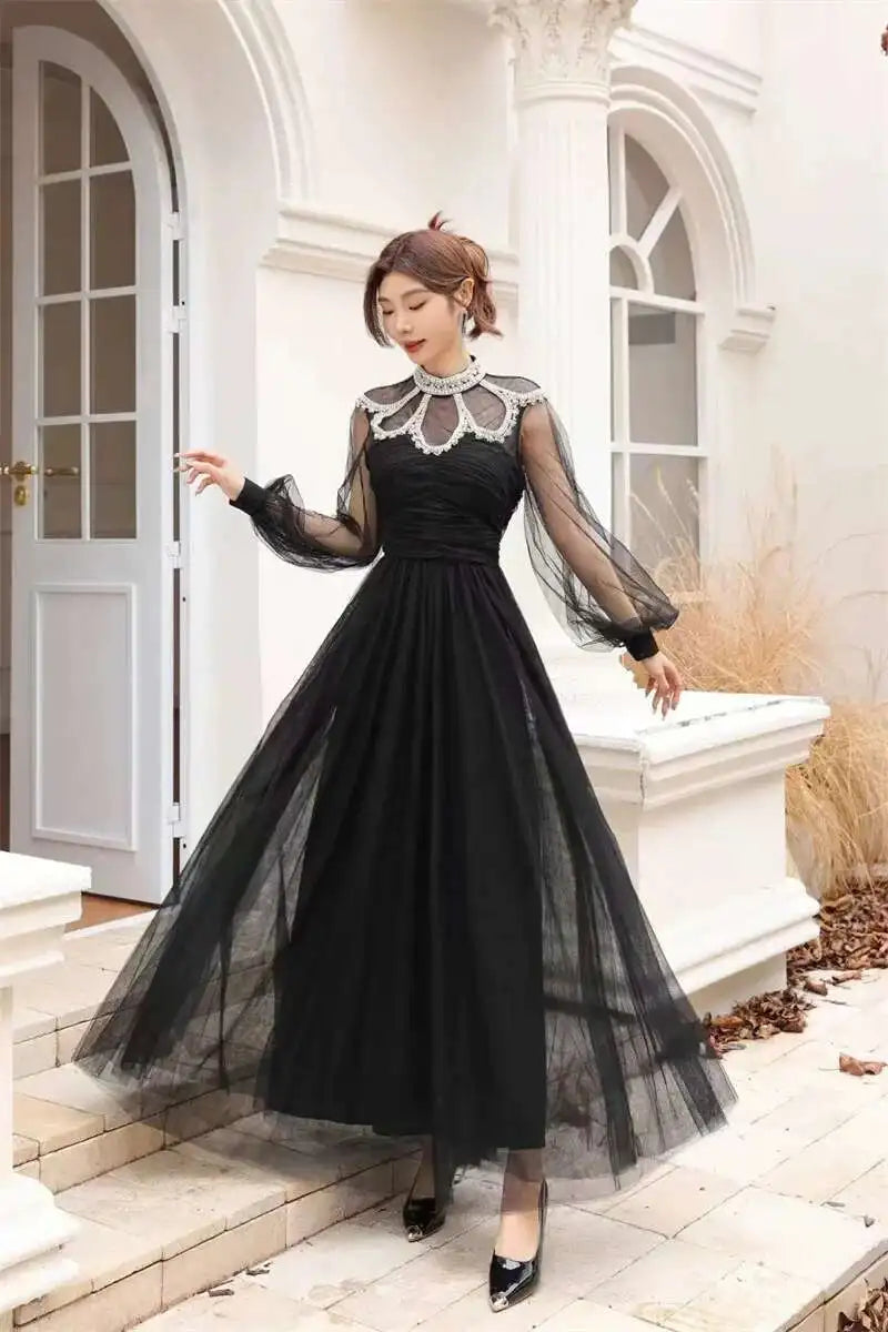 Lunivop Women's Fashion Dress Stand Collar Mesh Sleeves Rhinestone Folds Folds Slim Mid-calf Dresses Spring 2025 New Tide