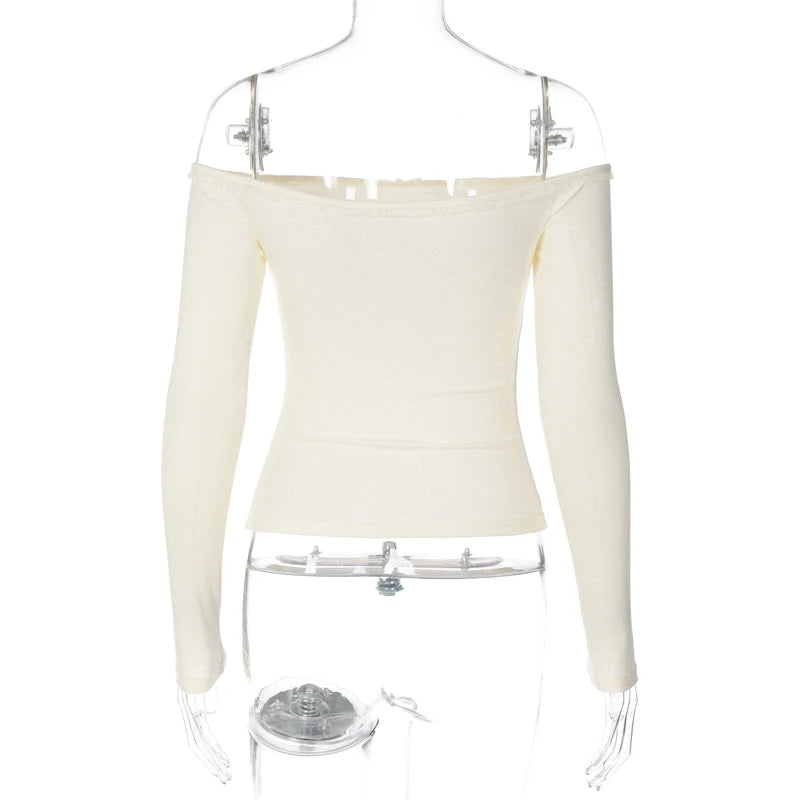 Lunivop Knit Rib Off The Shoulder Long Sleeve High Waist Tank Crop Top T-Shirts Fall Winter Y2K Casual Clothing