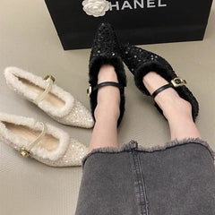 Lunivop Plush Mary Jane Single Shoes for Women New Designer Shiny Thin Heel Shoes Square Toe Shallow Mouth Warm Pumps Women's Shoes