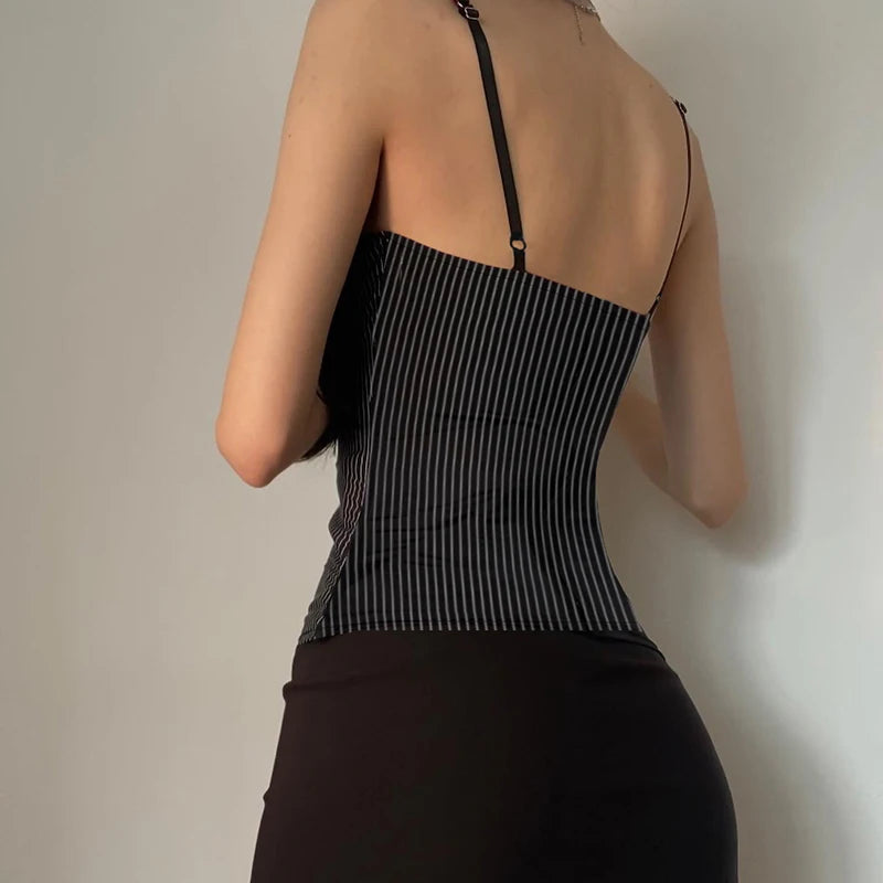Lunivop  Vintage Contrast Button Stitching Camis Women Causal Slim-fitting Sleeveless Slit Crop Top Summer Retro Striped Print Tee