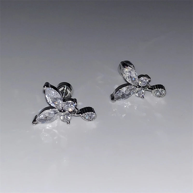 Lunivop Shiny Hollow Silver Color Rhinestone Butterfly 316L Stainless Steel Ear Bone Nail Delicate Waterproof Small Earrings for Women