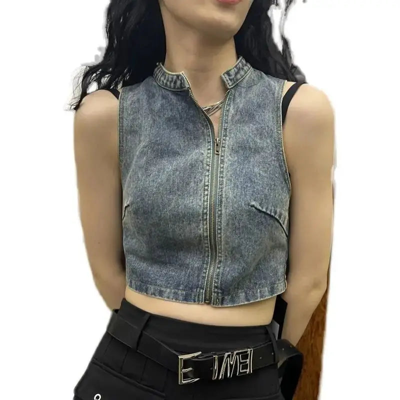 Lunivop  New Summer Fashion High Street Denim O Neck Zip Up Vest Harajuku Y2k All  Match Casual Camisole American Punk Short Clothes