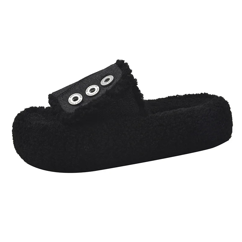 Lunivop Chunky Platform Fur Slippers Women Autumn Thick Bottom Designer Denim Furry Outdoor Slippers Woman Non-slip Short Plush Slides