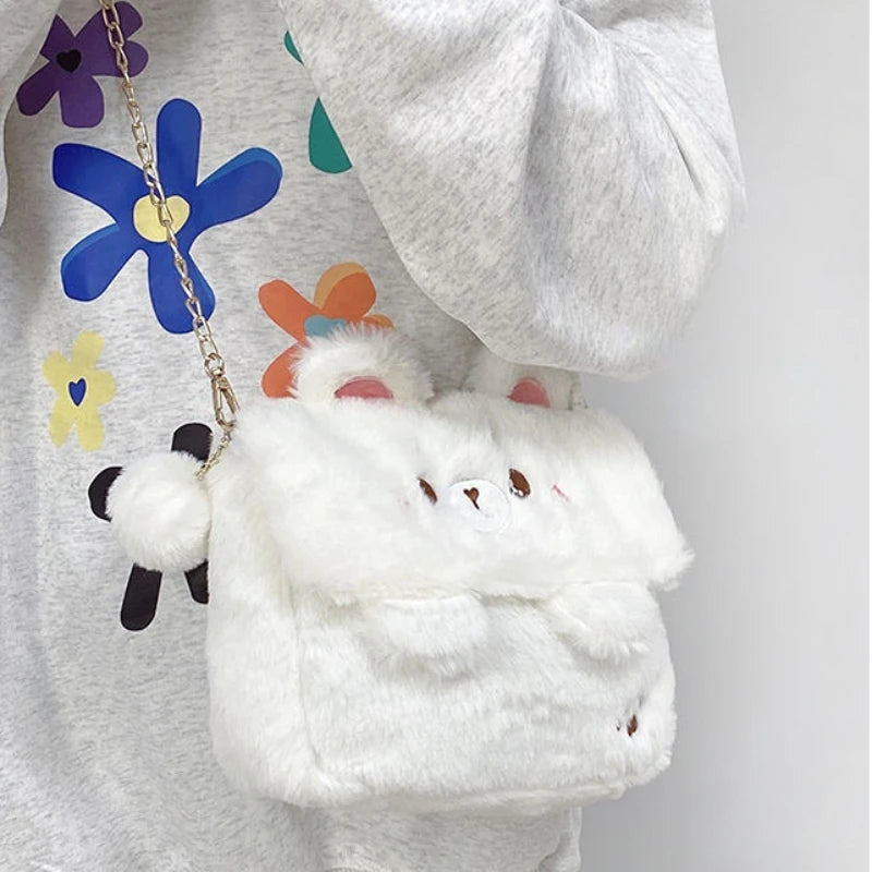 Lunivop Cute Bear Shoulder Bag for Women Soft Fluffy Kawaii Versatile Trend Purse Winter Casual Girls Kid Solid Color Crossbody Bag