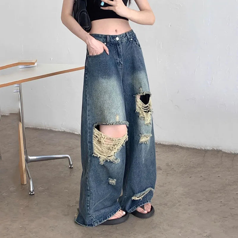 Lunivop  Summer High Waist Ripped Denim Pants Women American Retro Streetwear Y2K Wide Leg Jeans Loose-Fit Slimming Straight Pants
