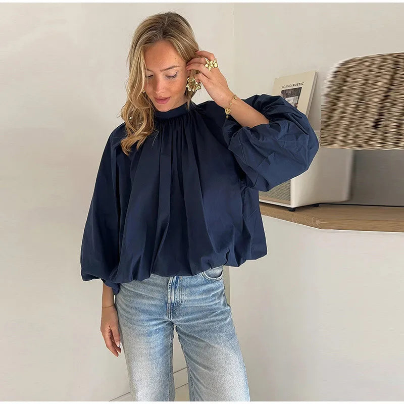 Lunivop   Fashion Women's Bowknot Shirt Pleated Long Sleeve O-Neck Backless Lady Shirts Solid Spring Summer Elegant Women Loose Top 2025