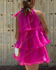 Lunivop Fashion Short Summer Women Dress Hot Pink Tiered Ruffled Tulle Dresses Sexy Halter Chiffon Beach Party Dresses For Vocation