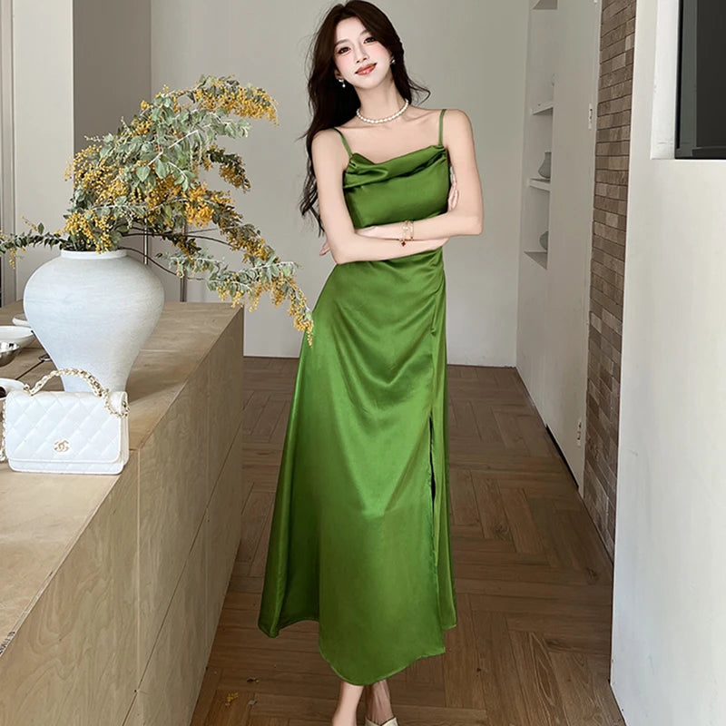 Lunivop  Summer Green Satin Swinging Collar Sling Long Dress Women Korean Vintage Luxury Party Vestidos Elegant Bodycon Night Dress