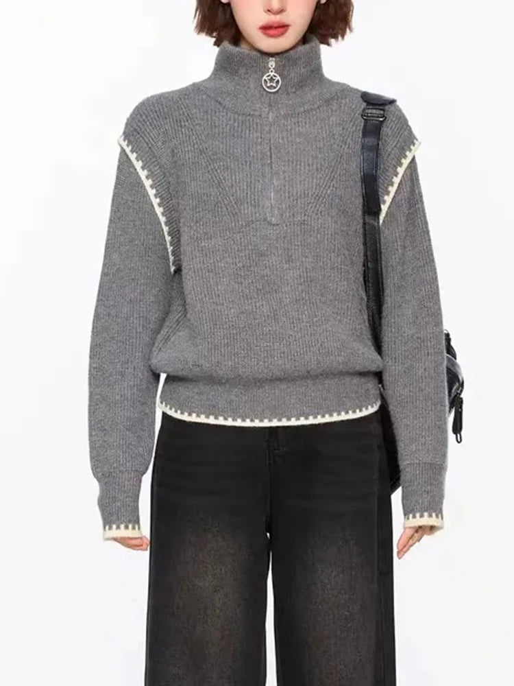 Lunivop Streetwear Retro Gray Sweaters Women Loose Harajuku Long Sleeve Knitted Pullover Y2K American Turtleneck Vintage Jumper New