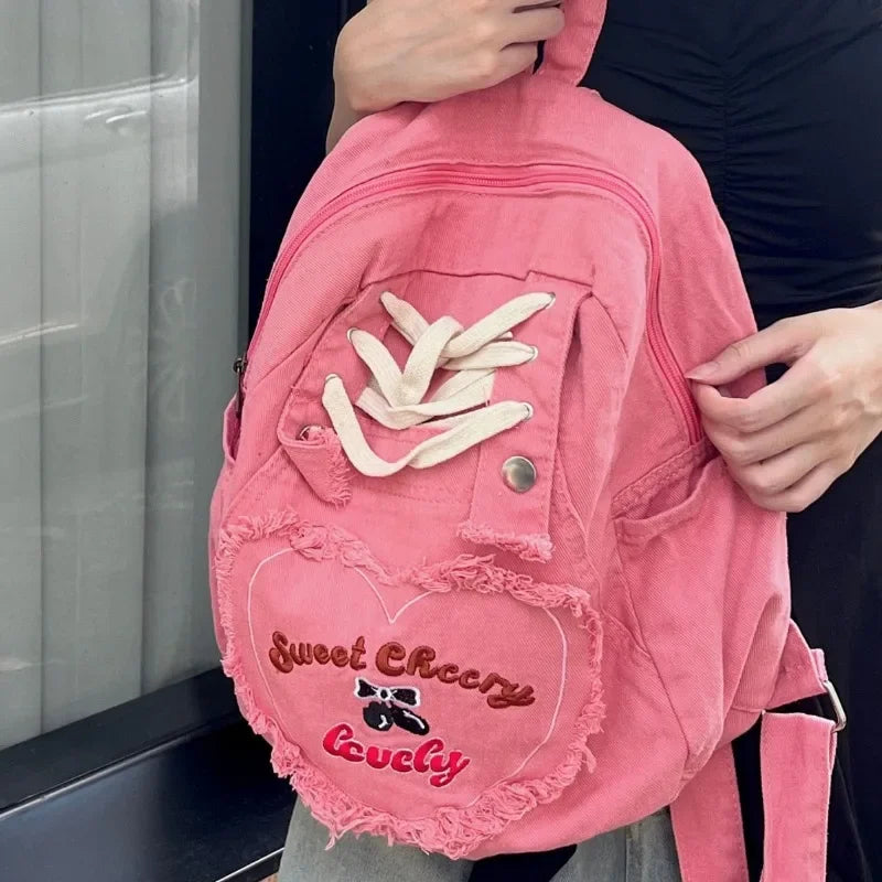 Lunivop Pink Y2k Womens Backpack Denim Fashion Cute Large Capacity Vintage Backpack Letter Embroidery Harajuku Style Aesthetic Bags