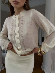 Lunivop  Knitwear Commuting Round-Neck Sweater Cardigan Women Hollowed Out Pleats Solid Cropped Outwear Knit Female Cardigan Top