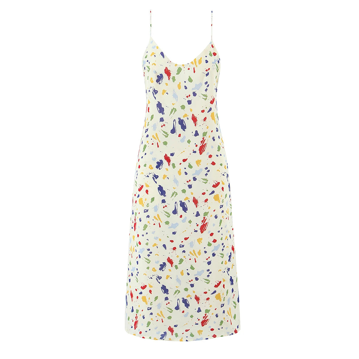 Lunivop  Holiday Women Beige with Colored Geometric Dot Print Sling Dress V Collar Tie Bow Back Midi Long Dresses Vestidos Summer Robe