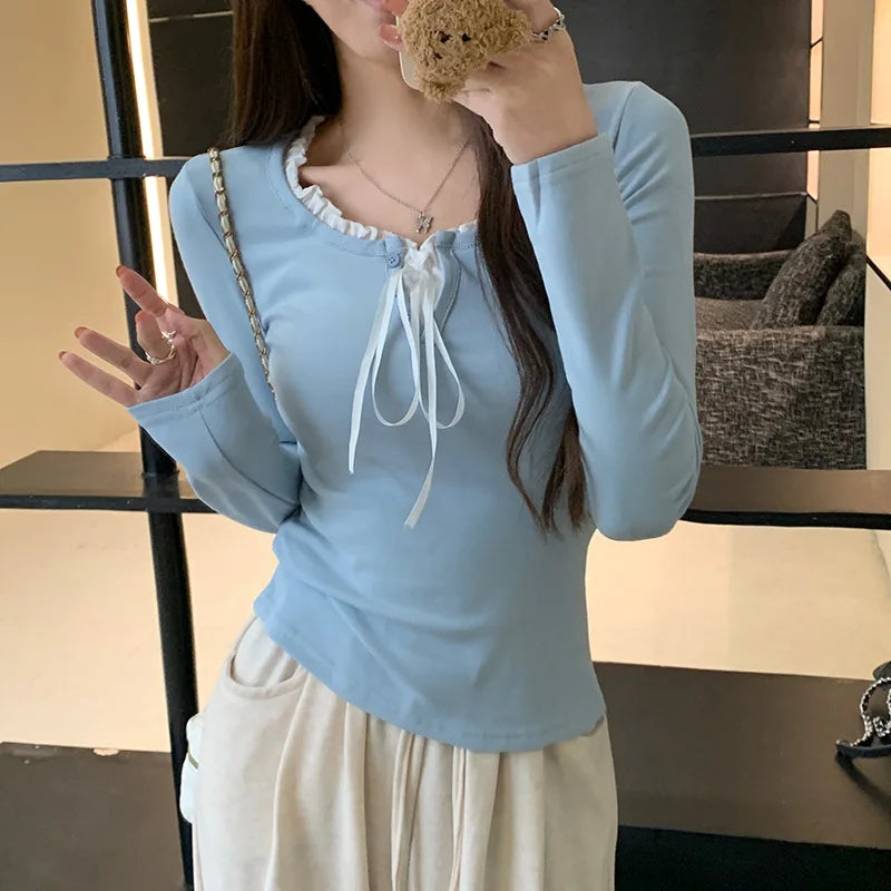 Lunivop Millennial Style Y2k Wood Ear Edge Strap V-Neck Design Sense Fake Two Base T-Shirt Women Feel Slim-Fit Short Long-Sleeved Top