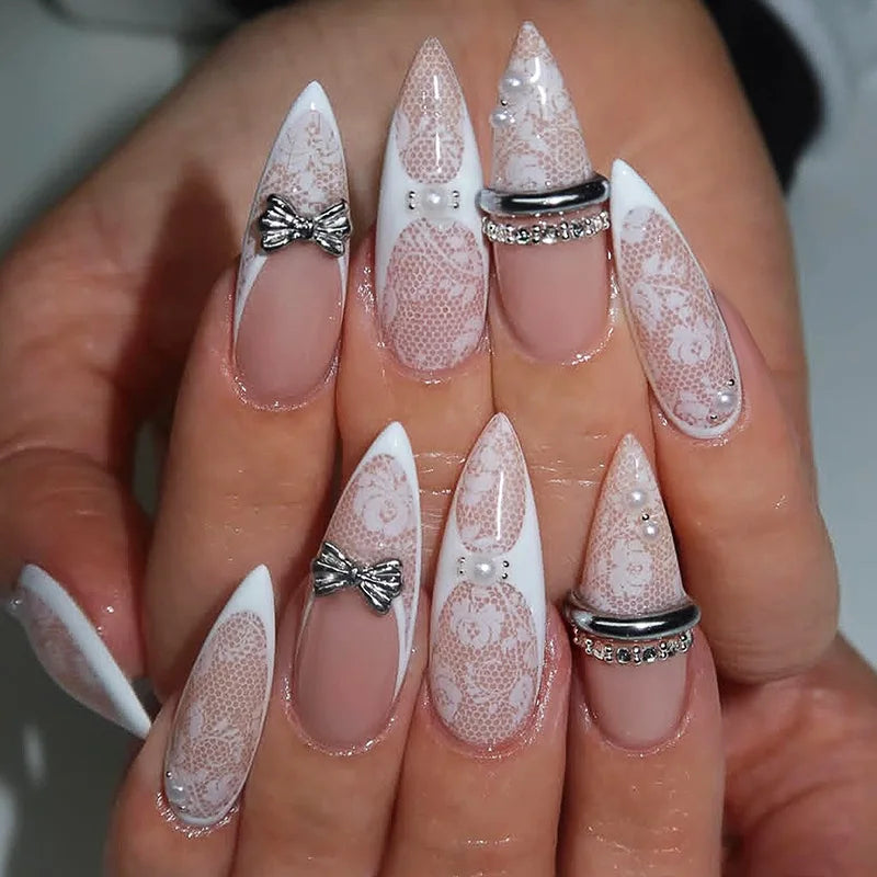 Lunivop  24Pcs Lace French Almond Press on Fake Nails 3D Silvery Bow Rhinestone False Nails with Pearl Detachable Manicure Nails Tips Art