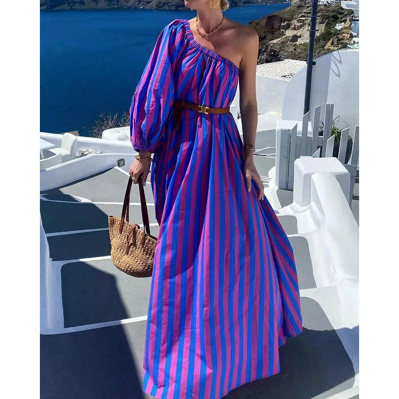 Lunivop  Striped Maxi Dress Women Off Shoulder One Sleeve Skew Neck Party Club High Waist with Sashes A-line Long Dress