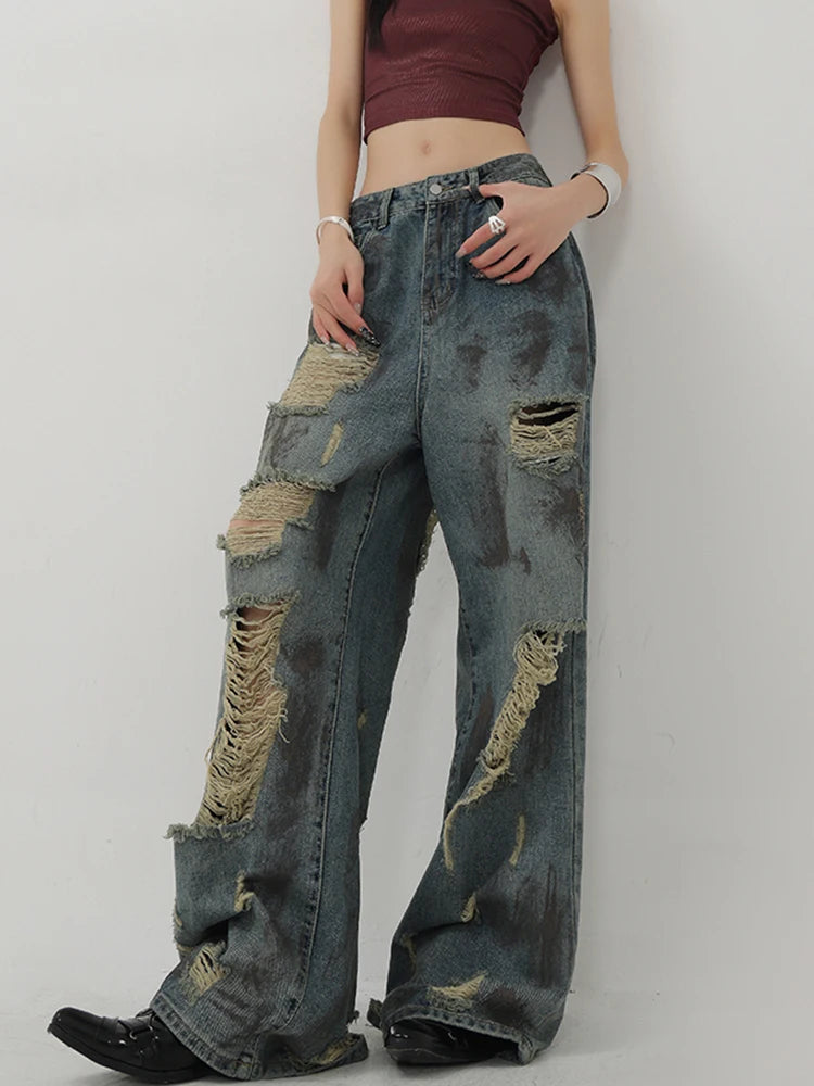 Lunivop  Streetwear Hole Y2K Jeans Women Vintage American High Waist Harajuku Denim Pant Loose Hip Hop Design Lady Wide Leg Trousers