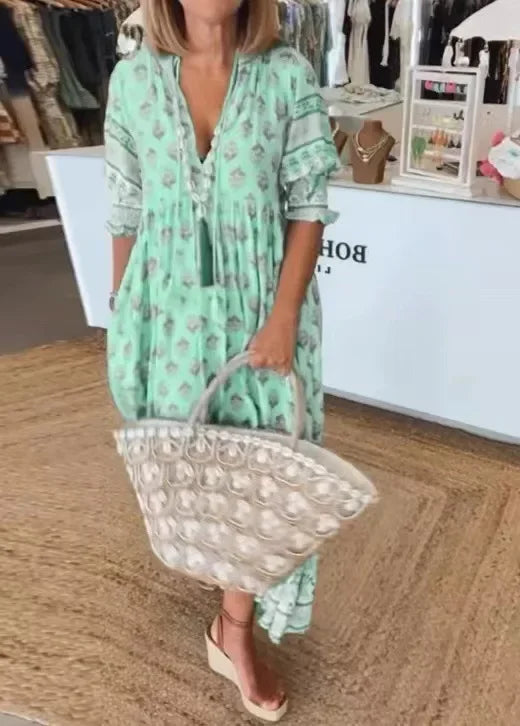 Lunivop  Spring Bohemian Women Dresses Long Floral V-neck Short Sleeve Loose A-line Dresses Female New Elegant Trendy Ladies Clothe