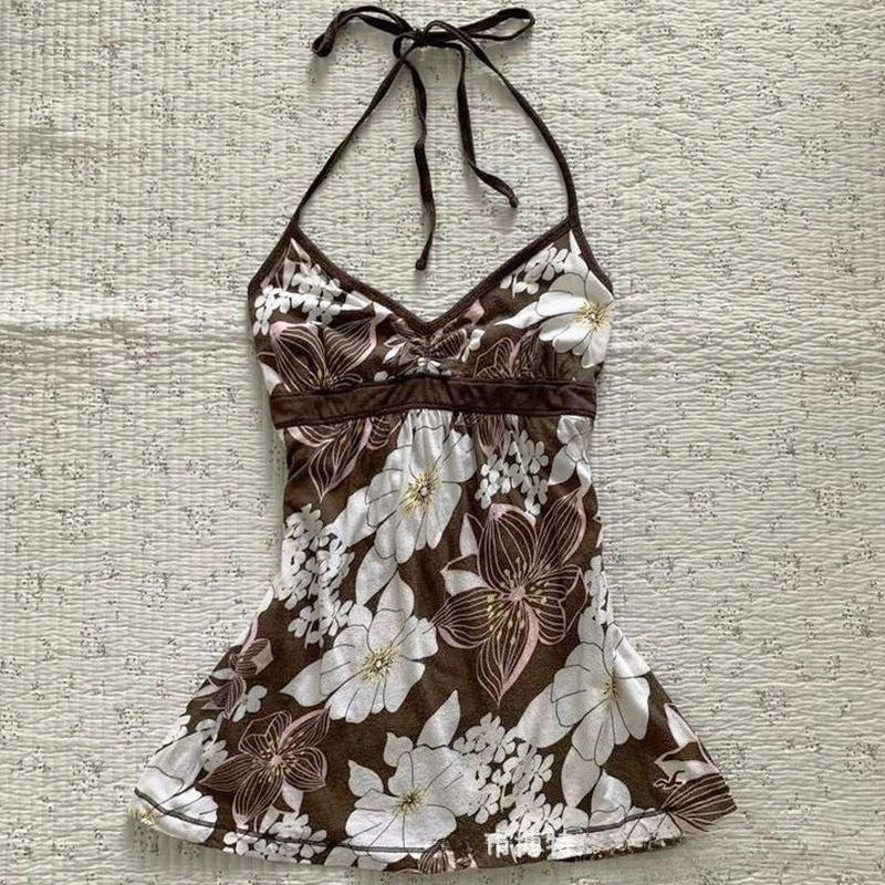 Lunivop  Vintage Vacation Style Summer Halter Backless Tank Tops Y2k Fresh Print Thin Spice Women Camisole Euramerican Populat Tops
