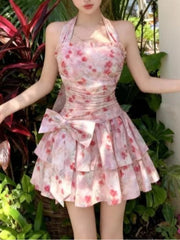 Lunivop  Korean Retro Sweet Floral Halter Neck Dress Women Slim Bow Print Tiered Mini Dress Summer Fashion Popular Elegant  Chic Outfits
