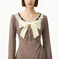 Lunivop  American Elegant Spliced Lace O Neck Bow Design Woemn T Shirts Y2k Aesthetic Vintage Spliced Pleated Clothes Harajuku Punk Tops