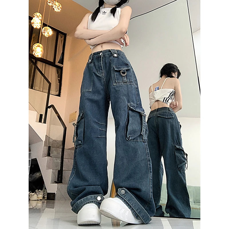 Lunivop Women's Dark Blue Y2k Cargo Jeans Baggy Harajuku Oversize Denim Trousers Vintage Jean Pants Japanese 2000s Style Trashy Clothes