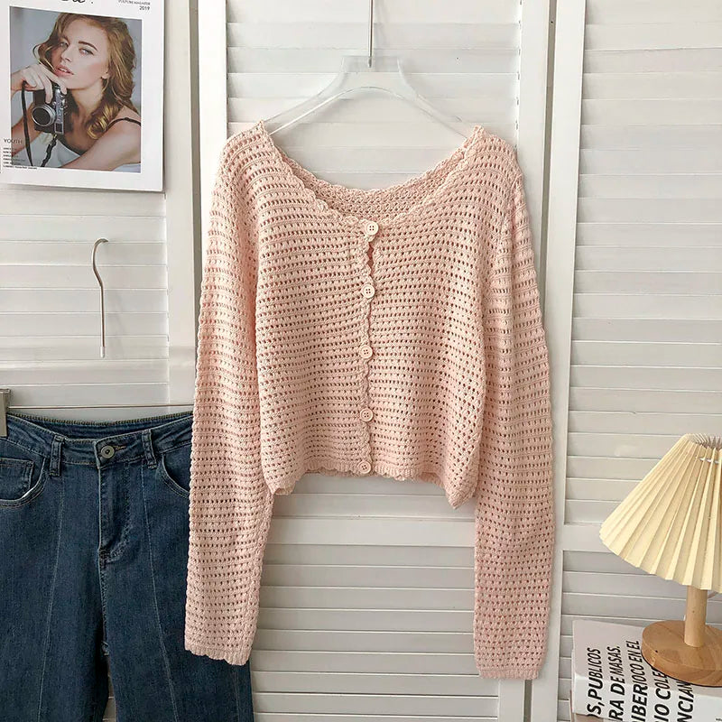 Lunivop Crochet Cardigan for Women Sheer Openwork Knit Long Sleeve Button Up Crop Top Teen-girl Shrug Cardigan Autumn Spring Y2K Outfit