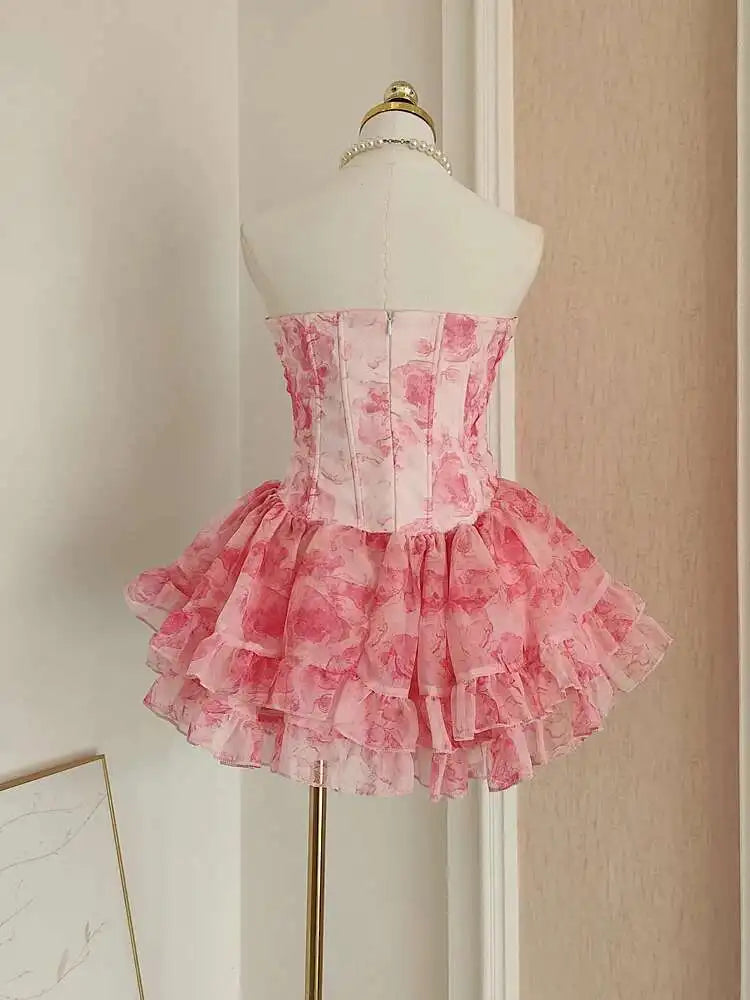 Lunivop French Style Mesh Splicing Women Print Dress Bow Slash Neck Sleeveless Dresses Female 2025 Spring Summer New
