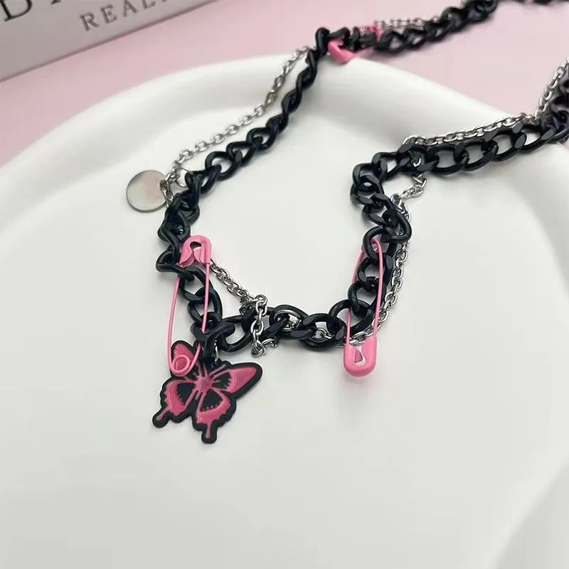 Lunivop Kpop Fashion Pink Pin Butterfly Pendant Black Chain Necklace For Egirl Goth Harajuku Y2K 90s EMO Aesthetic Jewelry Accessories