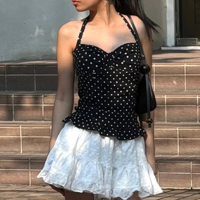 Lunivop Y2k Fairycore Ruffles Hem Backless Vest Polka Dot/Plaid Pattern Halter Crop Tops Summer Holiday Sleeveless Slim Fit Camis Tops