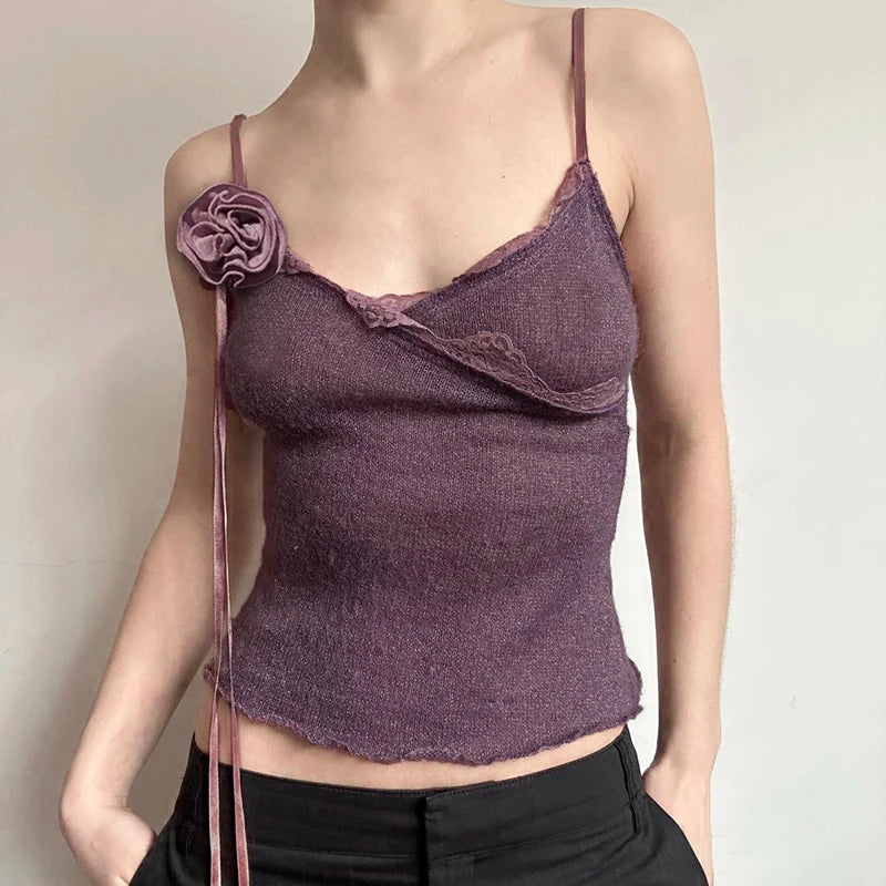 Lunivop  Vintage Solid Strap Top Retro Floral Stitching Sleeveless Slim-fitting Crop Tops Women Summer Casual Knitted Tees Grunge