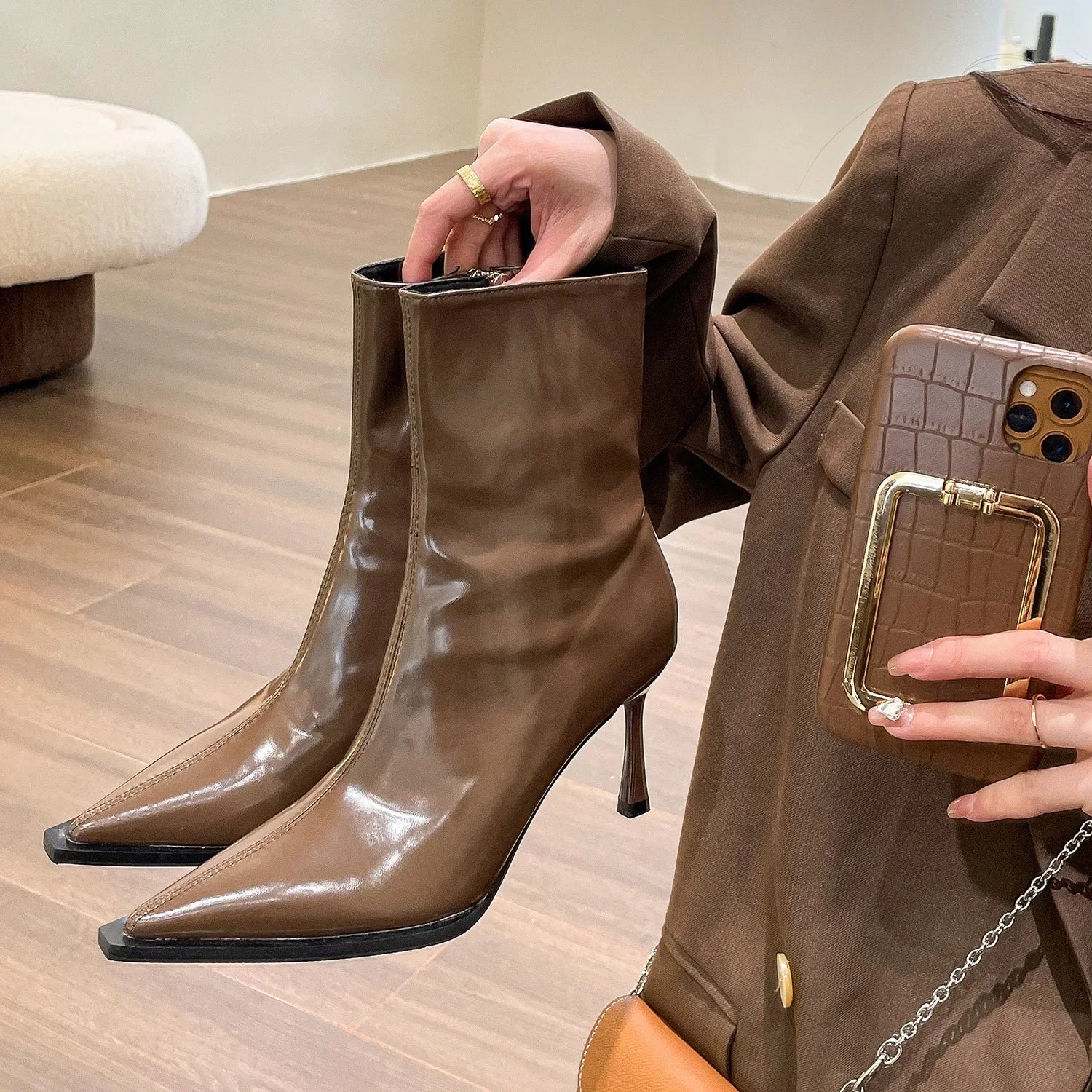 Lunivop Women Thin High Heels Short Boots New Fashion Pointed Ankle Boots Ladies Autumn Winter Leather Side Zipper Sexy Party Pumps