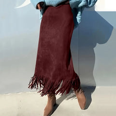 Lunivop  Retro Women's Suede Midi Skirt Daily Casual High Waisted Solid Colors Tassel Hem Skirts Fashion Street Autumn Winter Chic Outfit