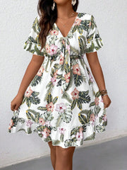 Lunivop  Tropical Floral Print Front Knotted Short Sleeve Casual Dress Vacation Outfit