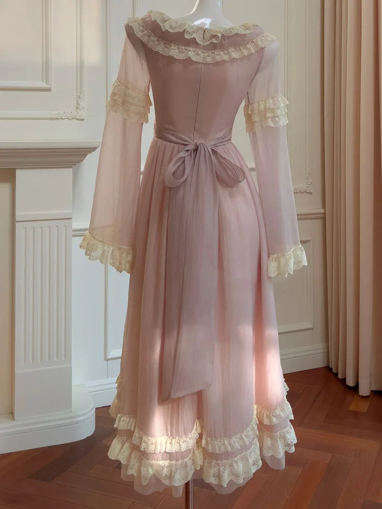 Lunivop New Peter Pan Collar Women Butterfly Sleeve Dresses 2025 Spring Fashion Lace Patchwork Bow Embroidery Dress Female
