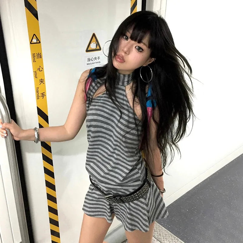 Lunivop  Y2k Aesthetics Halter Dress Japanese 2000s Style Grey Striped Short Dress Vintage Harajuku Backless Mini Dress Grunge