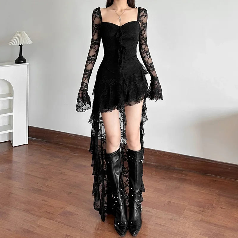 Lunivop  Goth Dark Fairycore Lace Flare Sleeve Square Neck A-line Dress Sweet E-girl Irregular Long Hem Dresses Cyber Y2K Party Vestido