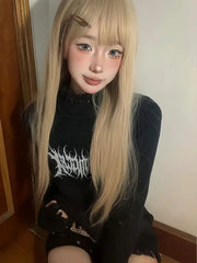 Lunivop Gothic Black Y2k Knitted Pullover Women Punk Harajuku Graphic Sweaters Grunge Solid Long Sleeve Pullovers Streetwear