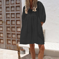 Lunivop  Solid Dress Women V Neck Puff Sleeve Loose Mini Female Dresses Summer Holidays Casual Lady Beach A-Line Sundress