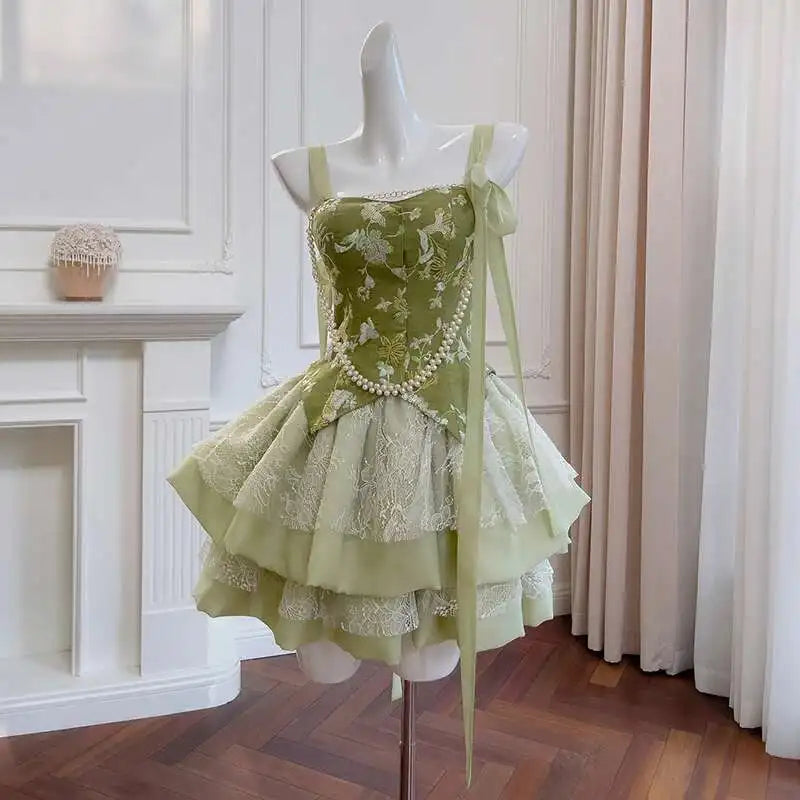 Lunivop  Light Luxury Lace-up Dress Women Spliced Embroidery Suspender Ballet Style Cake Fluffy Dresses Female